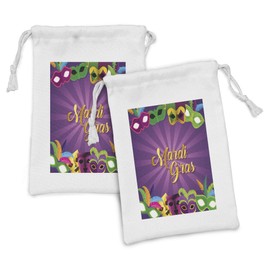 Lunarable Mardi Gras Fabric Pouch Set of 2, Fat Tuesday Festival Party Various Vibrant on Radiant Retro Sunburst Rays, Small Drawstring Bag for Toiletries Masks and Favors, 9" x 6", Multicolor