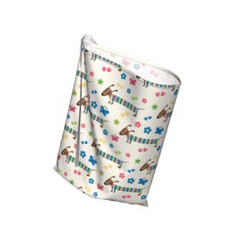 Ambesonne Dog Lover Fabric Gift Bag, Wiener Dog Cartoon Dachshund Puppy with Striped Pajamas Flowers and Butterflies, Present Sack fors Birthdays with 3 Ribbons, 27" X 32", White Blue