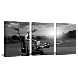 LevvArts 3 Panel Black and White Golf Canvas Wall Art Golf Course at Sunset Landscape Pictures Painting Golfing Sports Artwork Decor for Living Room Gym Ready to Hang (Small)