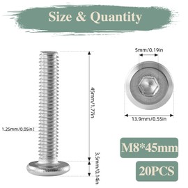 GOHODOMINO M8 x 45mm 20Pcs Flat Head Hex Socket Cap Screws Bolts, Stainless Steel 304 (18-8), Full Thread