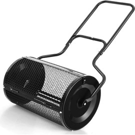Julimoon 24 Inch Peat Moss Spreader, Topsoil Fertilizer Roller with Upgrade U-Shaped Handle, Side Latches, Metal Mesh Basket, Heavy-Duty Manure Spreader for Grass, Yard, Lawn & Garden Care (Black)