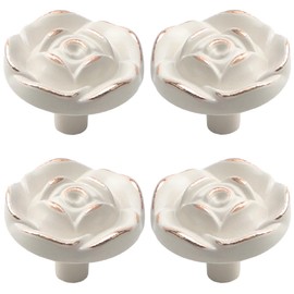 Tverghvad Rose Flower Dresser Knobs, [4 Pack] Vintage Zinc Alloy Rose Cabinet Pulls and Knobs, Decorative Antique Pull knobs for Kitchen, Cupboard, Cabinets and Drawers (White, 4 Pieces)
