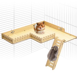 Fhiny Hamster Wooden Platform for Cage, 2-Tier Hanging Gerbil Climbing Platform with Ladder & Fence Hamster Activity Playground Habitat Decor Cage Accessories for Dwarf Hamster Gerbil Mice Rat Mouse