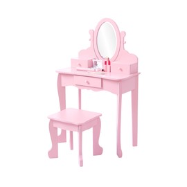 Garvee Kids Vanity Set with Adjustable Angle Mirror, Pretend Play Girls Vanity Table and Chair Set with Mirror, Stool, and Wood Makeup Playset, Pink