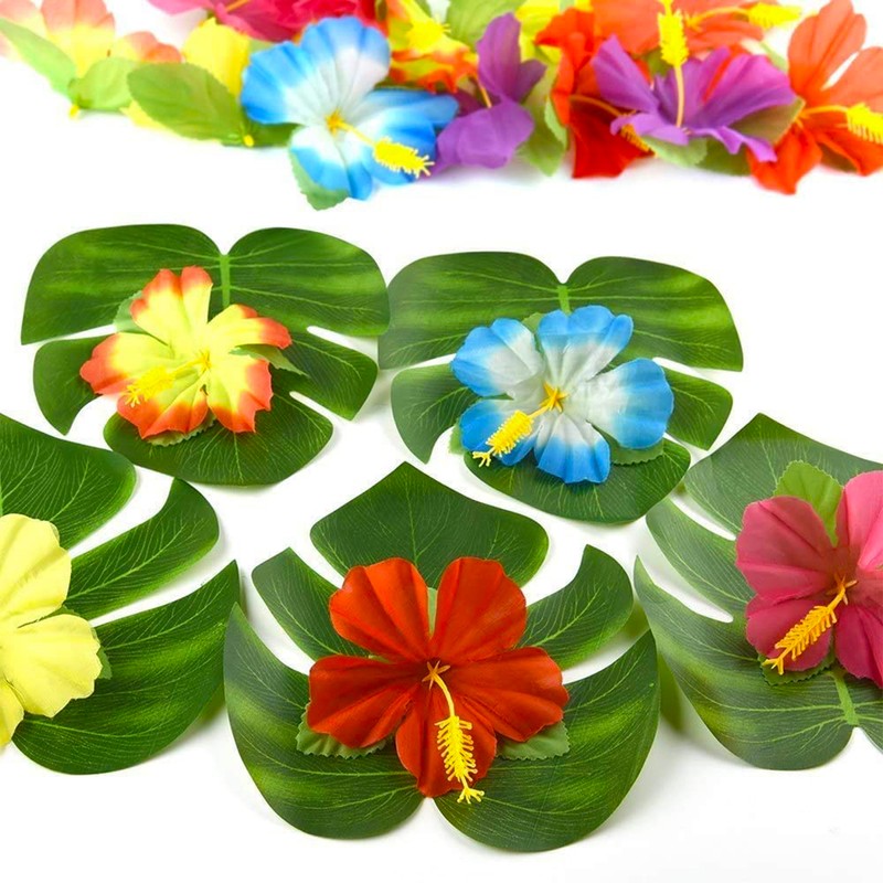 108 Pieces Hawaiian Tropical Party Decoration Set Leaves Flowers Umbrellas