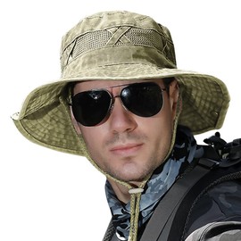 Koreshion Men Sun Hat Sun Protection Wide Brim Fishing Hat Breathable Cotton Summer Hat Adjustable Foldable Outdoor Hiking Beach Safari Khaki