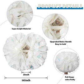 Hooshing 2PCS White and Rainbow Cheerleading Pom Poms with Baton Handle Cheer Pom Poms for Sports Team Spirit Games Cheering