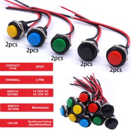 RUNCCI-YUN Pack of 10 3V-6V-12V-24V Mini Round Momentary Button, 16 mm Pre-Wired Mini Momentary Push Button, 2 Pin Round Pressure Switch for Horn Car Dashboard Boat Arduino DIY