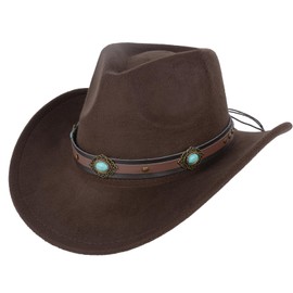 Classic Wool Cowboy Hat for Men and Women Autumn Winter Western Style Felt Hat with Strap Design Decorative Sapphire Band Outdoor Sun Hat(Coffee)