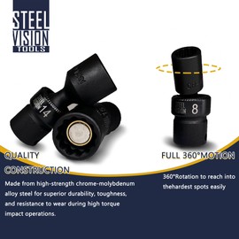 Steel Vision Tools 11 Piece 1/4-Inch Drive Universal Magnetic Impact Socket Set, Metric, 12 Point, CR-MO, 5mm to 15mm, Swivel Socket with Flexible Wobble, Magnetic Swivel Impact Socket, Magnetic Tips