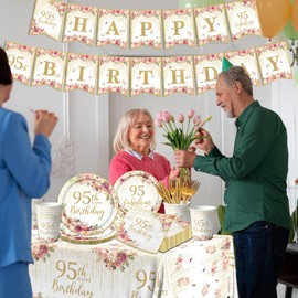 95th Birthday Party Tableware, 142Pcs Rose Gold 95th Birthday Decorations Includes 95th Birthday Plates and Napkins,Tablecloth,Cup,95 and Fabulous Banner,95th Birthday Decorations for Women
