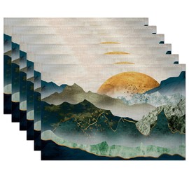 Abstract Mountain Placemats Set of 6,Green Gold Mountain Sunset Place Mats Heat Resistant Washable Non-Slip Table Mats for Party Kitchen Dining Decor 12x18 Inch