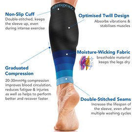 aZengear Calf Sleeves for Men & Women (20-30 mmHg) - Calf Support - Compression Calf Guards - Leg Sleeves for Torn Muscle - Shin Splints Brace (Pair) (S/M, Black/Blue)