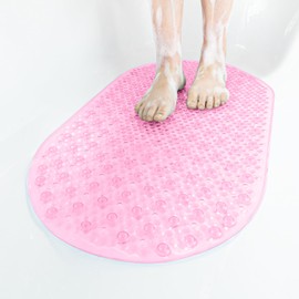 HITSLAM Oval Bath Mat Non Slip Anti Mould, 68 x 38 CM Anti Slip Shower Mat for Bathroom, Machine Washable Bubble Bathtub mat with Suction Cups and Drain Holes, Soft on Feet, Pink