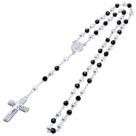 metaltree98 Rosary 6 mm Black Bead Gold and Silver Tone Guadalupe & Jesus Cross 28" Necklace HR 600 (SS/Black)