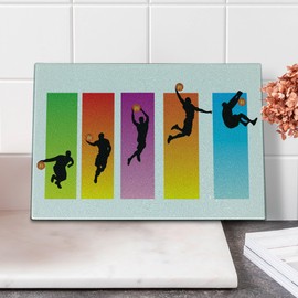 Lunarable Sports Cutting Board, Basketball Slam Dunk Image Sequence of Actions Professional Player Game Match Moves, Decorative Tempered Glass Cutting and Serving Board, Small Size, Multicolor