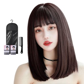 Candybay Wig, Semi-Long, Full Wig, Medium, Natural Wig, Straight Wig, Women's, Straight Bangs, Daily Wear, Heat Resistant (Dark Brown)
