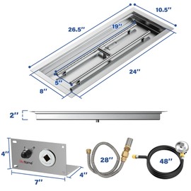 Skyflame 24 x 8 Inch Rectangular Fire Pit Pan Kit, Stainless Steel Drop-in Fire Pit Pan and Burner, Come with Spark Ignition and Propane Hose, Indoor/Outdoor Fire Pit, Fire Table DIY Decorative