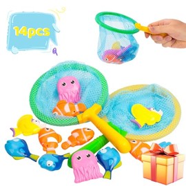 XIAOYANGKEJI 14 Piezas Juguetes de Baño para Niños, Juguete de Pesca Incluye 2 Redes de Pesca, Juguetes de Agua para Bañera para Niños para Shower,...