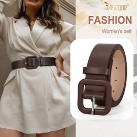 JASGOOD Women’s Leather Belt for Jeans Pants Candy Color Fashion Square Buckle Ladies Belts for Dresses, Coffee, Fits Waist Size 40"-45"