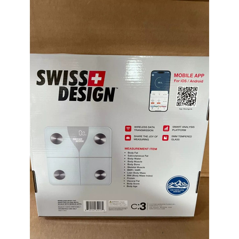Swiss Design Wireless Body Fat Analysis Glass Bath Scale New
