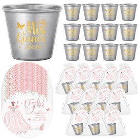 Tioncy 25 Sets Quinceanera Party Favors for Guests Quinceanera Short Glass Stainless Steel Shot Glass Thank You Card Organza Bag Mis Quince Anos Quinceanera Recuerdos Sweet 15 Birthday Party Favor