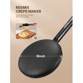 Reemix Electric Crepe Maker, 8 Inch Portable Crepe Maker Machine With Not-Stick Dipping Plate, Automatic Temperature Control, Nonstick Crepe Pan, Black (Black)