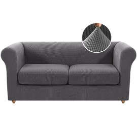 H.VERSAILTEX 3 Pieces Stretch Loveseat Slipcovers Traditional Chesterfield Loveseat Covers for 2 Cushion Couch Mid Century Deep Seat Couch Cover Washable, Thicker Jacquard Fabric(Medium Sofa, Grey)