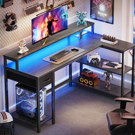SUPERJARE 53 inch Reversible L Shaped Desk with LED Lights & Power Outlets, Computer Desk with Shelves & Monitor Stand, Gaming Desk with Drawer, Home Office Desk Corner Desk, Grey