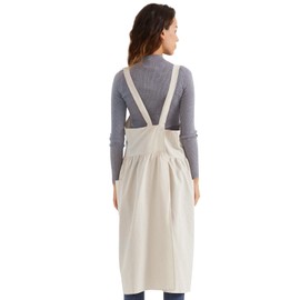 Surblue Cotton Linen Apron Cross Back Apron for Women with Pockets Pinafore Dress for Baking Cooking Gardening, Beige