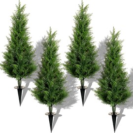 Canlierr 4 Set 3 ft Artificial Cedar Trees with Ground Spike UV Resistant Artificial Topiary Tree Outdoor Fake Shrub Plants Potted Pine for Porch Garden Entryway Front Door Spring Decor