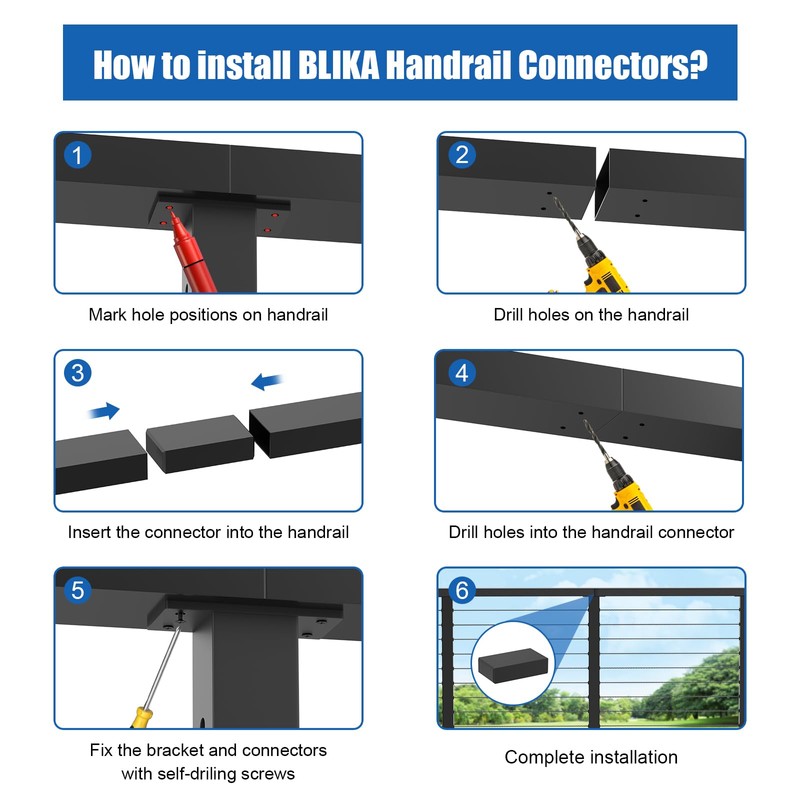 BLIKA 4 Pack Extension Connectors with Screws, Black Flat Handrail