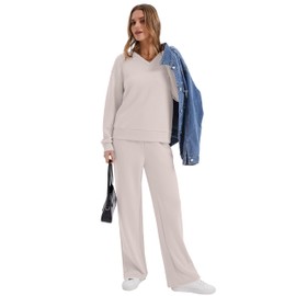 WIHOLL Lounge Sets for Women Two Piece Outfits Casual 2 Piece Sweatsuits Tracksuit Set Womens Fall Fashion 2025 Sweatpants Winter Clothing V Neck Sweat Set Loungewear Matching Sets Light Taupe L