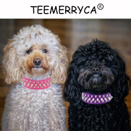 TEEMERRYCA Adjustable PU Leather Spiked Studded Dog Collars with a Squeak Ball Gift for Small Medium Large Pets Like Cats/Pit Bull/Bulldog/Pugs/Husky, Hot Pink, XS 8.3"-10.6"