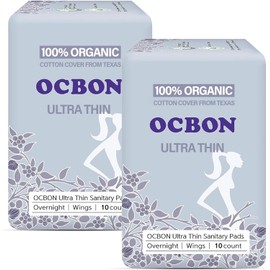 OCBON Unscented Ultra Thin Sanitary Pads (20 Count, Overnight) – Organic Cotton Feminine Pads with Wings for Women, Super Absorbent & Soft, Period Protection, Hypoallergenic