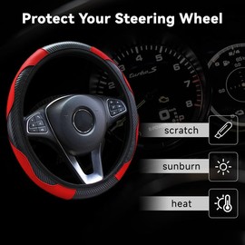 Car Steering Wheel Cover, Universal Size Steering Wheel Cover Fit 37-38cm/14.5-15inch, Anti-slip Carbon Microfiber Steering Wheel Cover, Breathable Car Accessory Steering Wheel Protector Cover, Red