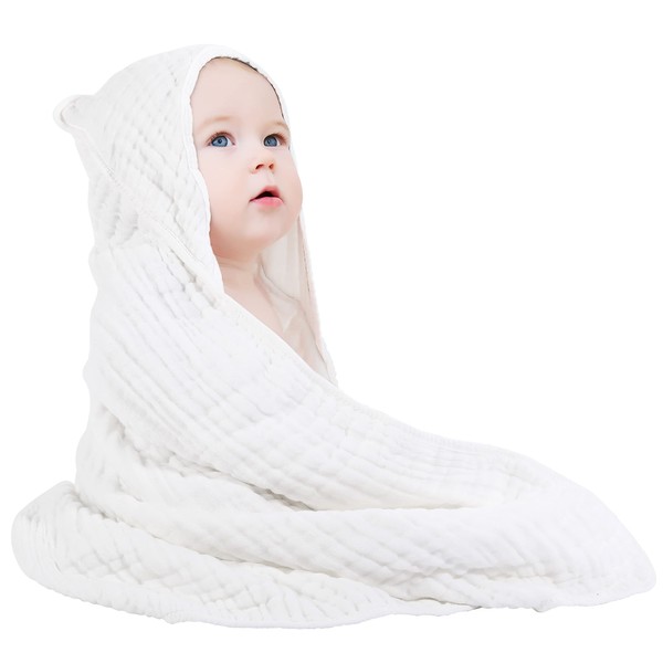 Yoofoss Baby Hooded Towel 81 x 81 cm Bath Towel with Hood 100% Cotton Muslin Hooded Bath Towel Absorbent Bath Poncho Baby Bathrobe for Newborns Boys Girls White