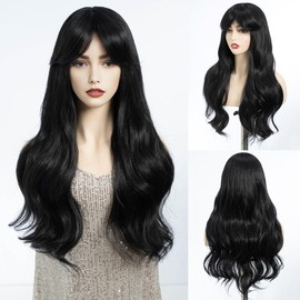DÉBUT Long Wavy Wig with Fringe for Women, Heat Resistant Synthetic Black Wigs with Fringe for Daily Party, Cosplay Use (66 cm, 1B)