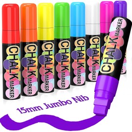 Jumbo Chalk Pens Chalk Marker for Blackboard Window Washable 15 mm 8 Colours Chalk Pen Window Pens Chalk Markers Glass Pen Window Painting Pens Wipe Clean Chalk Liquid Chalk Board Pens