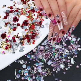 2 Boxes Flower Nail Charms 3D Alloy Valentines Nail Art Charms Shiny Metal Star Nail Rhinestones Pink Red Pearl Crystal Rose Nail Gems Aluminum Flower Nail Jewelry Butterfly Diamonds Nail Accessories