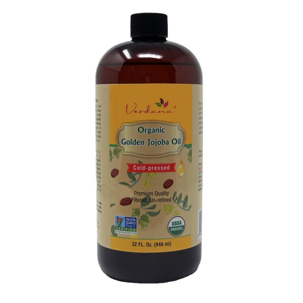 Verdana Organic USDA Certified Organic Golden Jojoba Oil, Cold Pressed, Unrefined, 32 Fl Oz Bulk size - Deepthi Organics