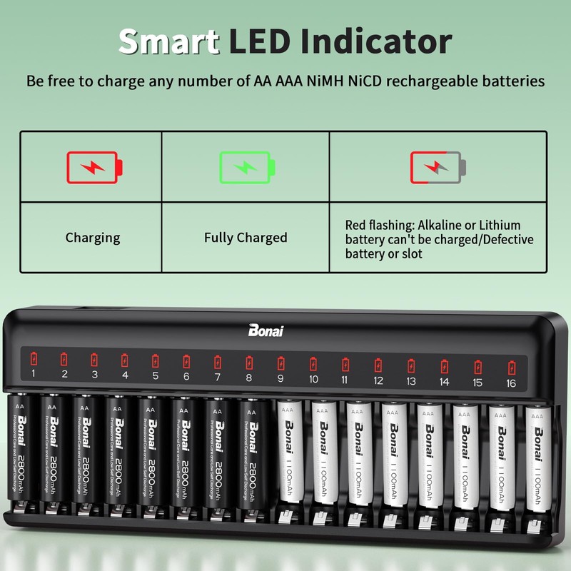 Bonai Rechargeable AA and AAA Batteries with Charger, 8 x
