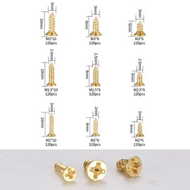 1080 Pcs Small Wood Screws Assortment Kit, M2/M2.5/M3 Cross Head Self Tapping Screws, 6/8/10mm Tiny Flat Head Self Drilling Screws Set for Wood, Gold (Gold)