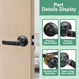 RAZCC Privacy Door Handles, 2 Pack Matte Black Door Lever, Bed and Bath Door Locksets Heavy Duty Keyless Interior Handles, Reversible for Left Right Handed Doors