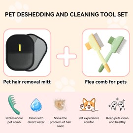 4-in-1 Deshedding & Hair Removal Tools for Cats & Dogs, including 2pcs Flea Combs with Long & Short Stainless Steel Teeth, 2Pcs Reusable Electrostatic Gloves Pet Hair Removal