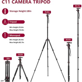 Tripod for Camera, Professional DSLR Camera Tripod, Expandable to 210 cm Monopod, with 360° Swivel Head, Carry Bag, Tripod Can Carry 8 kg (Red)
