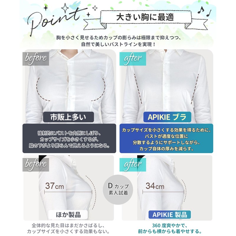 [APIKIE] ストラップレスブラ 胸が小さく見せるブラ 【ジャンプでもズレ落ちない・三重滑り止め】【約3cm小さく見せる・体に苦しくない】 紐なしブラ 小さく見せるブラ 脇高 チューブトップ 高通気性 ブラジャー