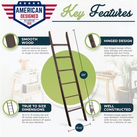 Blanket Ladder for Living Room and Bedroom, 6-Tier Wall Leaning Laminate Snag Free Construction (Rustic Hickory) Rustic Decorative Farmhouse Blanket Storage, Quilt Rack, Ladder Shelf, Easy Assembly