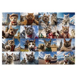 Funny Cat Puzzles for Adults 1000 Piece, Selfie Cat Animal Jigsaw Puzzle, Cat Travels Around The World Puzzle as Home Decor