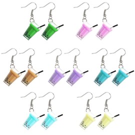Daimay 7 Pairs Unique Bubble Tea Milk Drink Drop Earring Water Bag Dangle Hook Earrings Funny Acrylic Pendant for Girls Women Unique with Hooks, Resin
